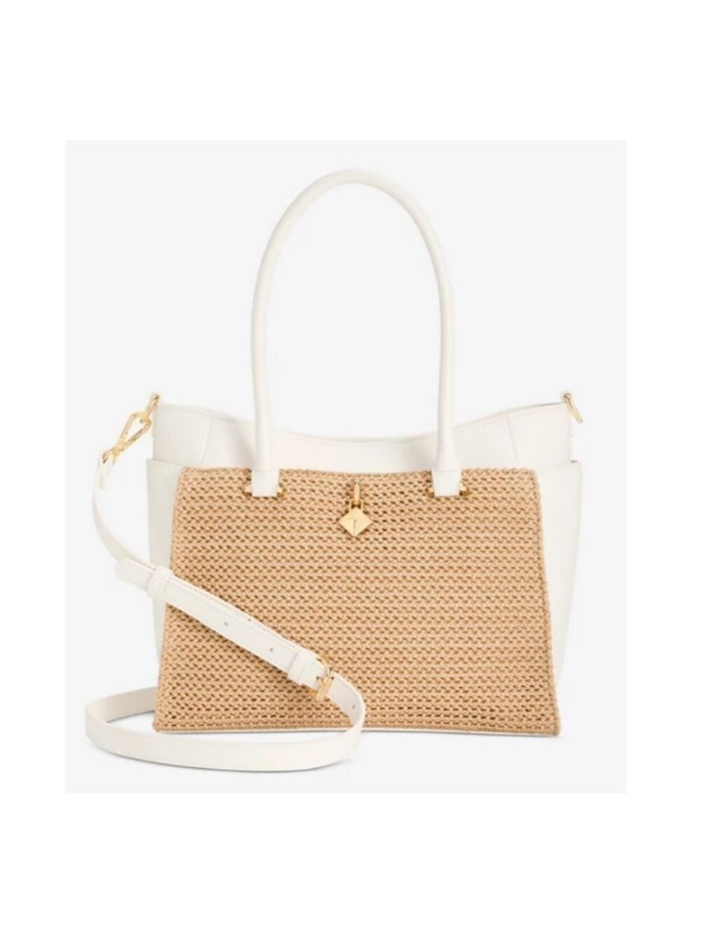 INC Caitii straw and faux-leather women's medium satchel crossbody bag -Natural